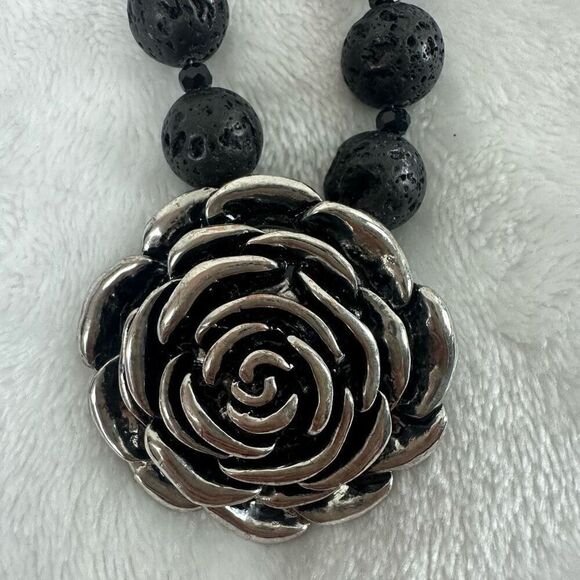 Artisan Lava Stone Beaded Necklace With Silver Tone Rosette Pendant Statement - Picture 2 of 4